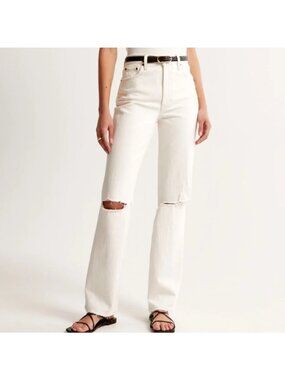 Abercrombie & Fitch 90s Straight Ultra High Rise White Distressed Jeans Size 28
